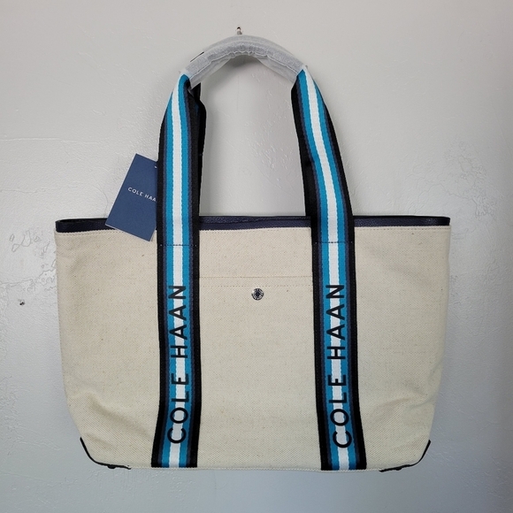 Cole Haan NWT Summer Canvas Tote Natural Navy Grand Series Leather Trim - Picture 1 of 12